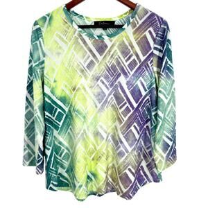 Calessa Sz LARGE Wearable Art to Wear Blouse Shirt Top Purple Green Unique